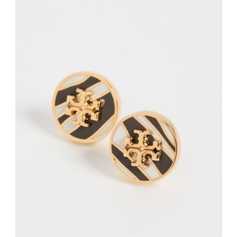 Tory Burch NEW earrings - Kira Enamel Circle-Stud Earrings - Gold Zebra - Picture 2 of 12